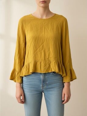 Mustard Ruffle-Hem Long Sleeve Top